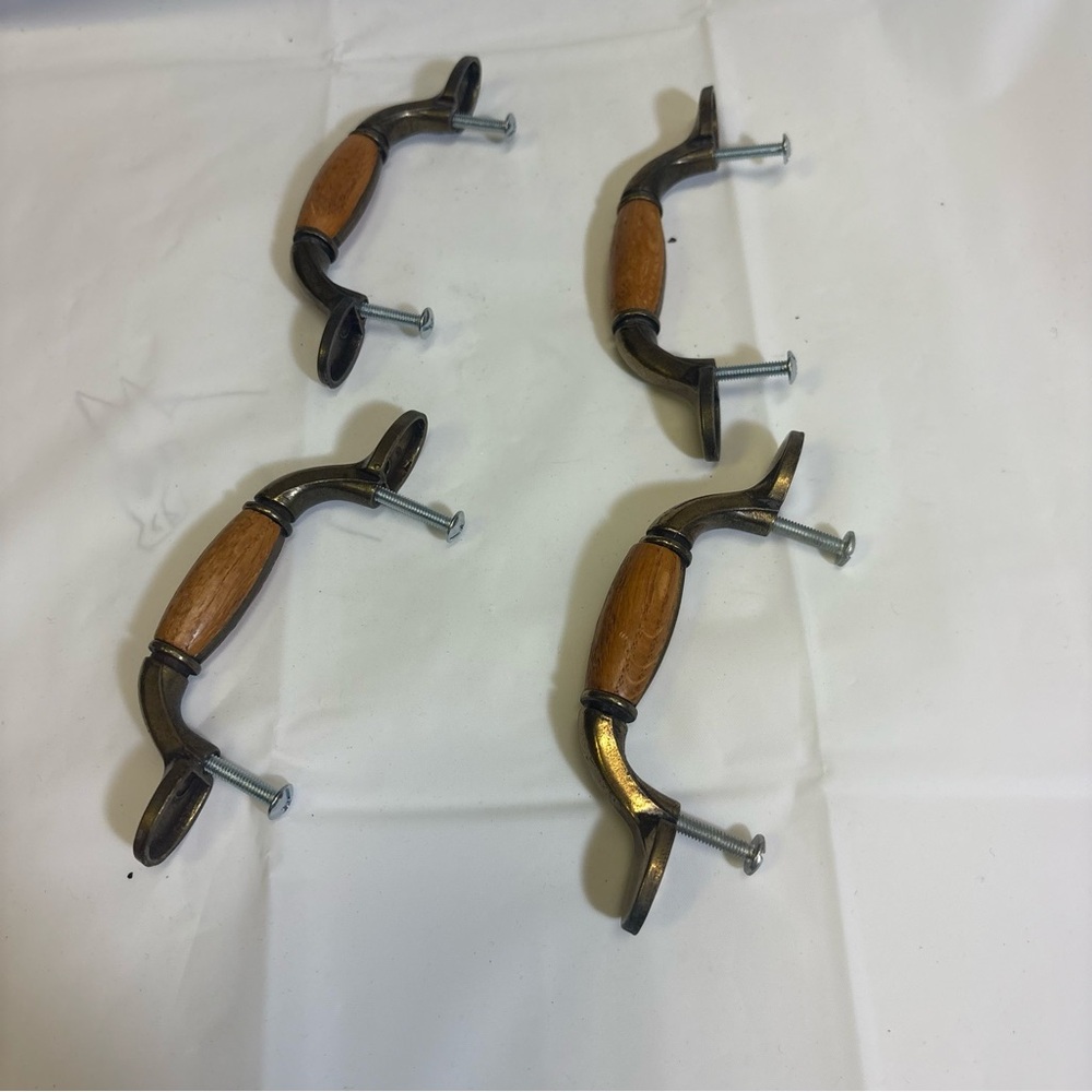 Set of 4 Vintage Style Drawer Pulls - Wood & Antique Brass Finish